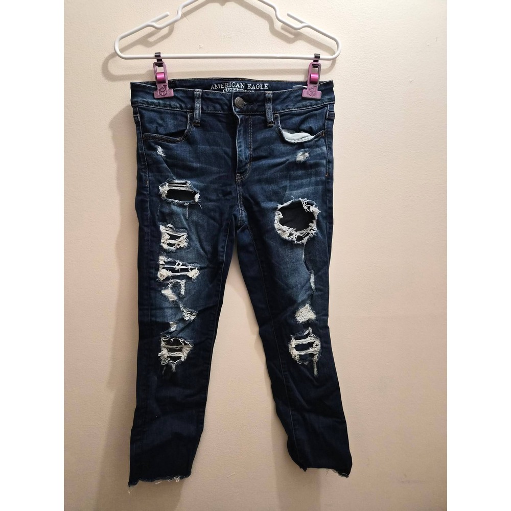 American Eagle Super Stretch Distressed Jeggings Dark Wash Blue Denim Womens 8